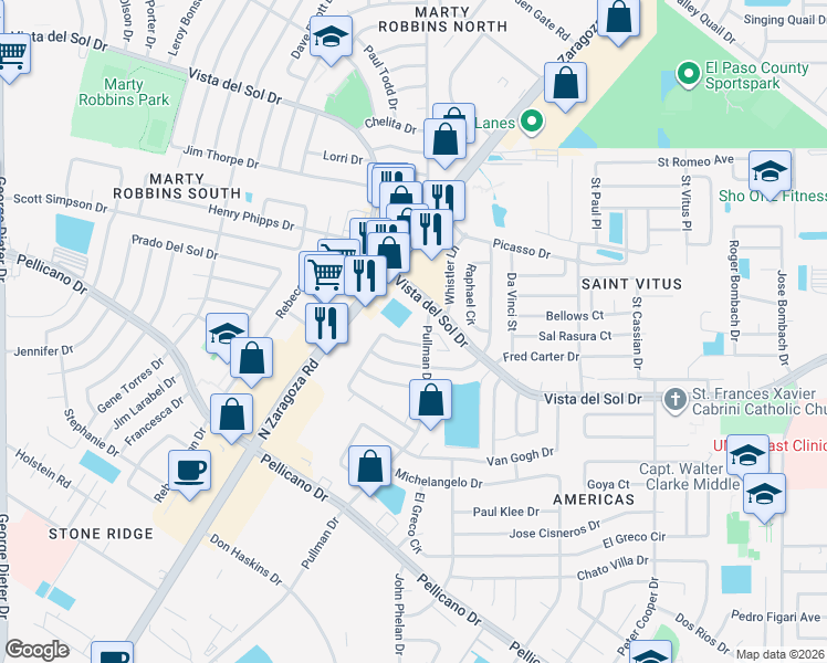 map of restaurants, bars, coffee shops, grocery stores, and more near 1525 Pullman Drive in El Paso