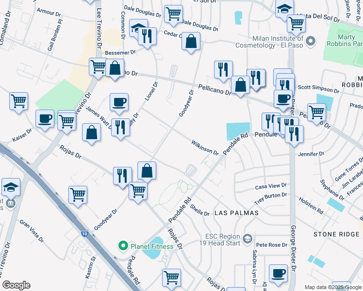 map of restaurants, bars, coffee shops, grocery stores, and more near 1440 Goodyear Drive in El Paso