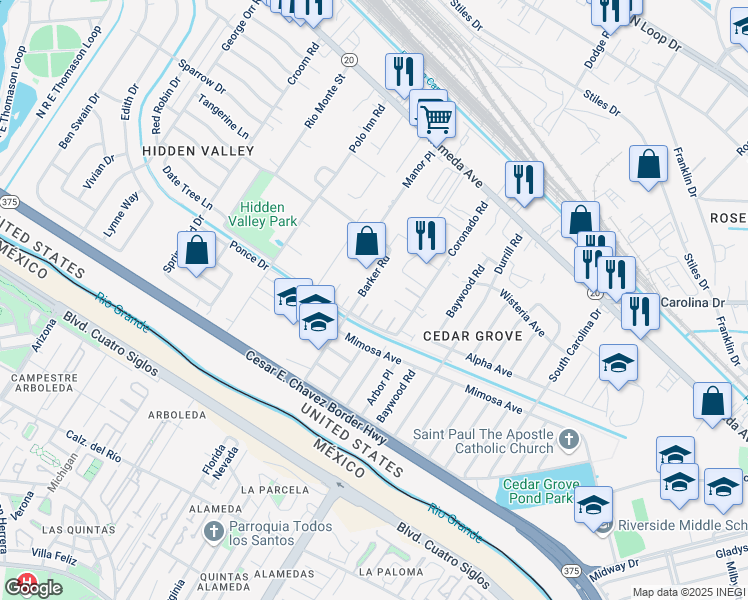 map of restaurants, bars, coffee shops, grocery stores, and more near in El Paso