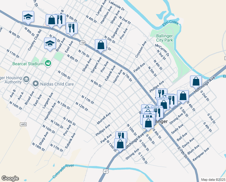 map of restaurants, bars, coffee shops, grocery stores, and more near 603 North 9th Street in Ballinger