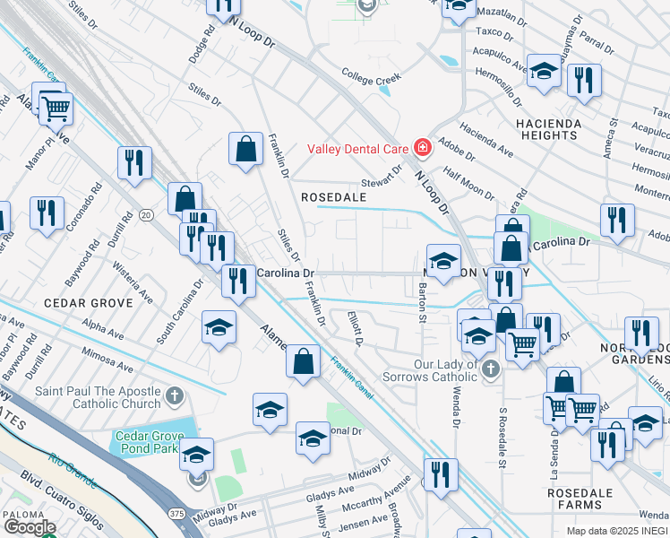 map of restaurants, bars, coffee shops, grocery stores, and more near 316 North Carolina Drive in El Paso