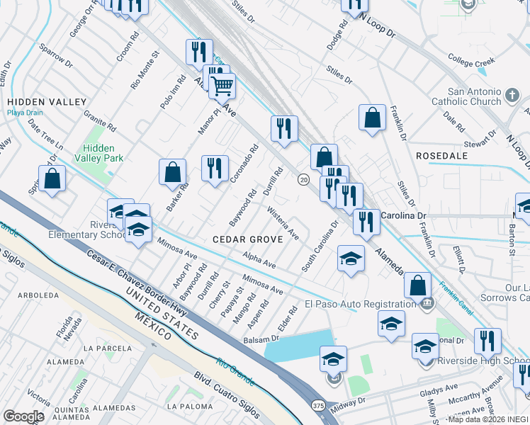 map of restaurants, bars, coffee shops, grocery stores, and more near 7338 Wisteria Avenue in El Paso