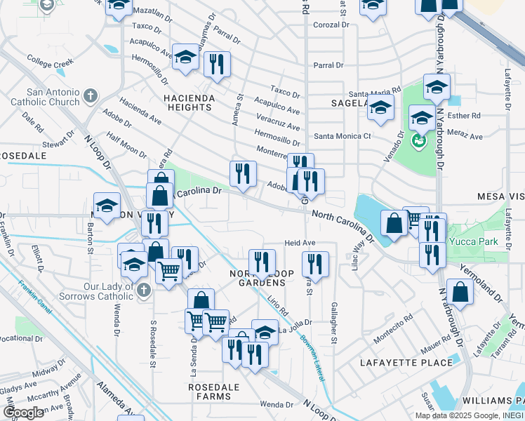 map of restaurants, bars, coffee shops, grocery stores, and more near 718 North Carolina Drive in El Paso