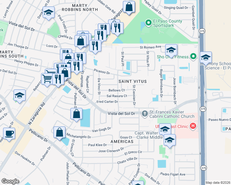 map of restaurants, bars, coffee shops, grocery stores, and more near 12056 Sal Rasura Court in El Paso