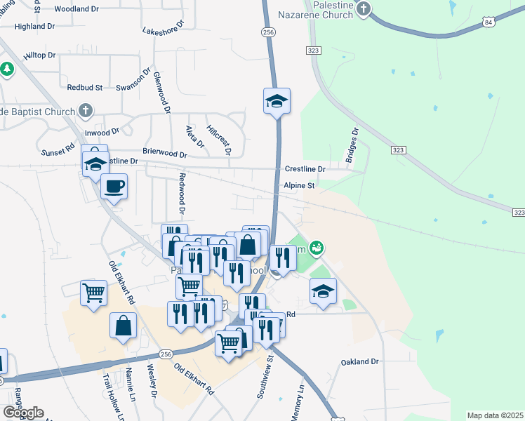 map of restaurants, bars, coffee shops, grocery stores, and more near 1505 Texas 256 Loop in Palestine
