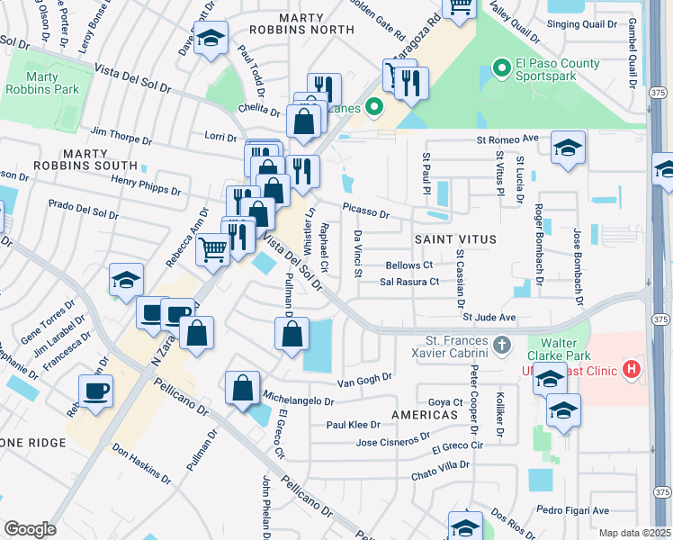 map of restaurants, bars, coffee shops, grocery stores, and more near 1553 Diego Rivera Drive in El Paso