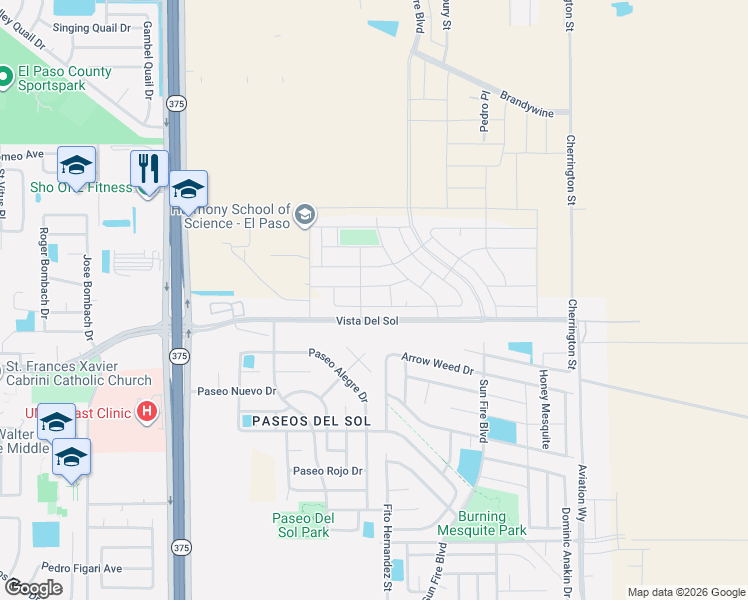 map of restaurants, bars, coffee shops, grocery stores, and more near 12510 Breeder Cup Way in El Paso