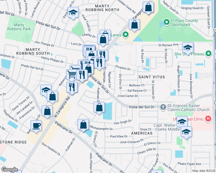 map of restaurants, bars, coffee shops, grocery stores, and more near 11971 Diana Candia Lane in El Paso