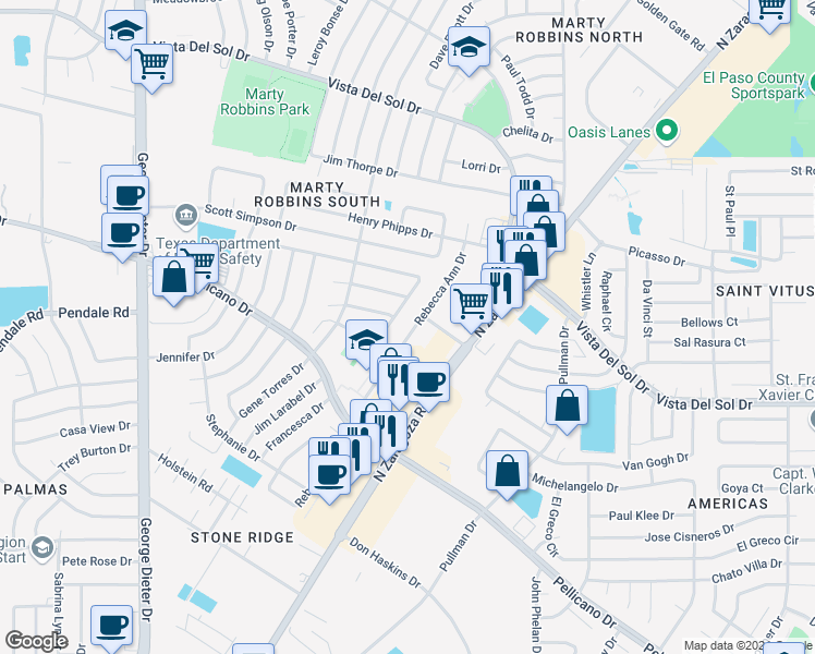 map of restaurants, bars, coffee shops, grocery stores, and more near 1527a Rebecca Ann Drive in El Paso