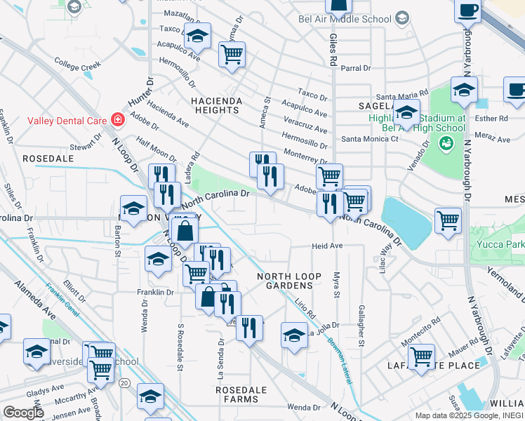 map of restaurants, bars, coffee shops, grocery stores, and more near 600 North Carolina Drive in El Paso