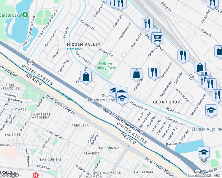 map of restaurants, bars, coffee shops, grocery stores, and more near 206 Polo Inn Road in El Paso