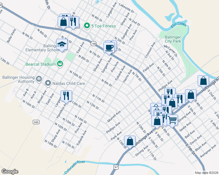 map of restaurants, bars, coffee shops, grocery stores, and more near 608 North 10th Street in Ballinger