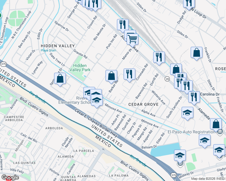 map of restaurants, bars, coffee shops, grocery stores, and more near 184 Barker Road in El Paso