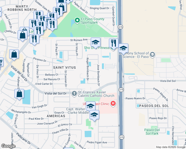 map of restaurants, bars, coffee shops, grocery stores, and more near 12247 Via Granada Drive in El Paso