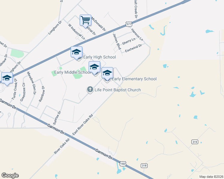 map of restaurants, bars, coffee shops, grocery stores, and more near 201 Sudderth Drive in Early