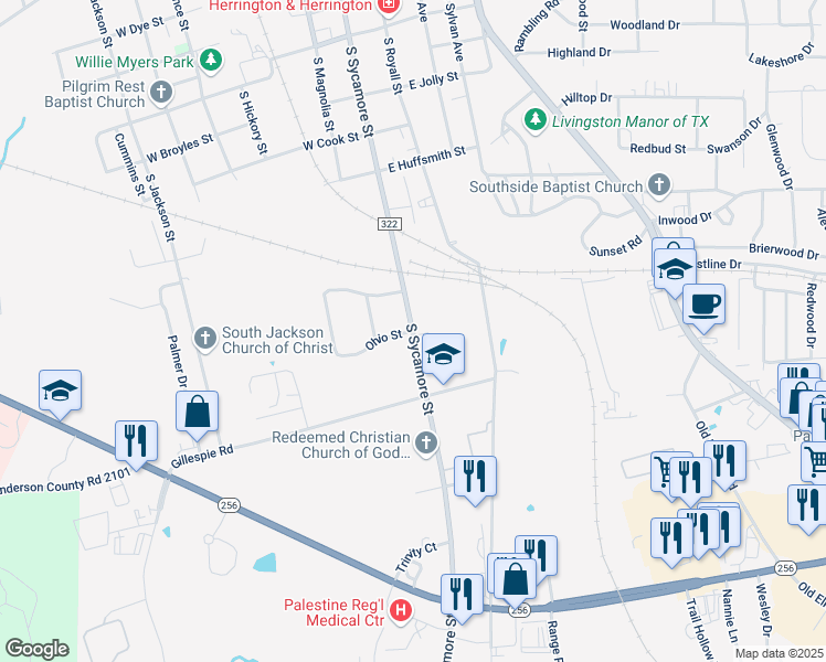 map of restaurants, bars, coffee shops, grocery stores, and more near 1701 South Sycamore Street in Palestine