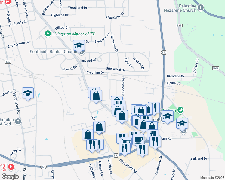 map of restaurants, bars, coffee shops, grocery stores, and more near 106 Wynnwood Drive in Palestine