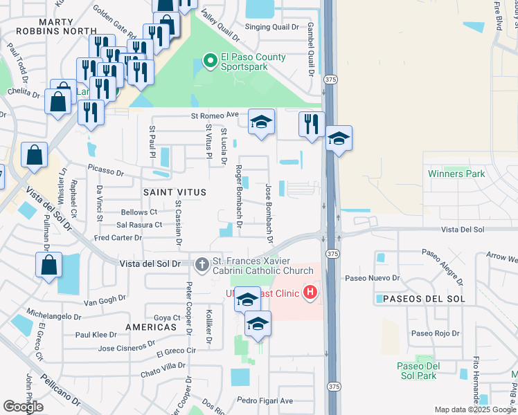 map of restaurants, bars, coffee shops, grocery stores, and more near 12246 Via Granada Drive in El Paso