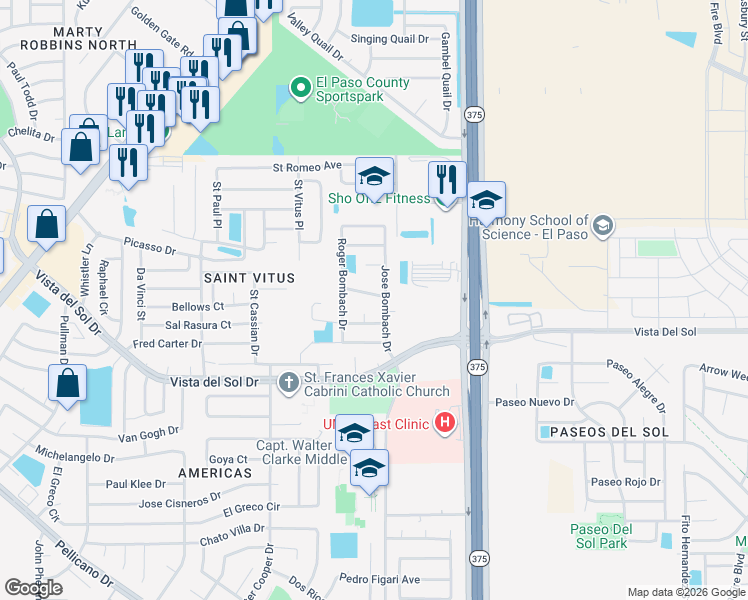 map of restaurants, bars, coffee shops, grocery stores, and more near 12247 Via Granada Drive in El Paso