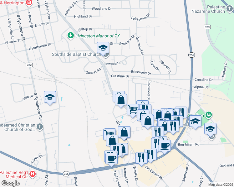 map of restaurants, bars, coffee shops, grocery stores, and more near 1700 Crockett Road in Palestine