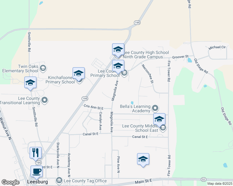 map of restaurants, bars, coffee shops, grocery stores, and more near 258 Magnolia Avenue North in Leesburg