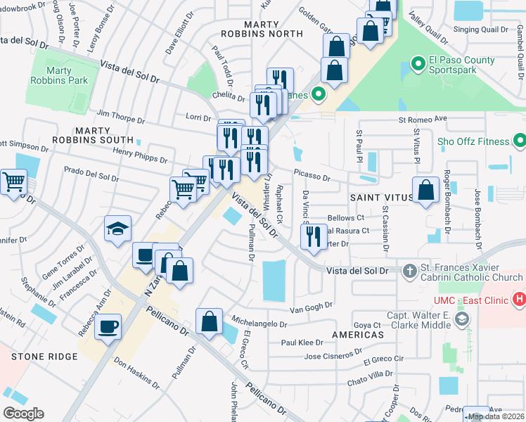 map of restaurants, bars, coffee shops, grocery stores, and more near 1550 Whistler Lane in El Paso