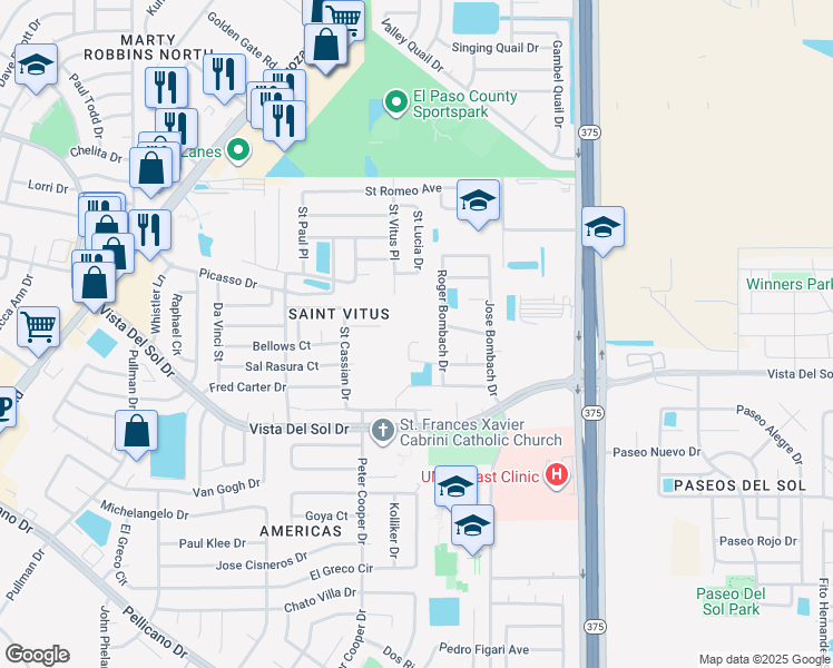 map of restaurants, bars, coffee shops, grocery stores, and more near 12188 Via Inca Drive in El Paso