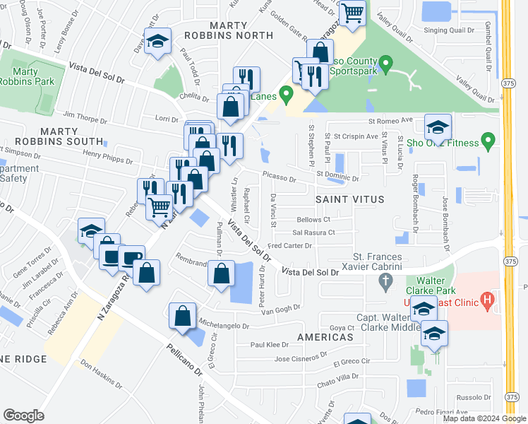 map of restaurants, bars, coffee shops, grocery stores, and more near 1564 Diego Rivera Drive in El Paso