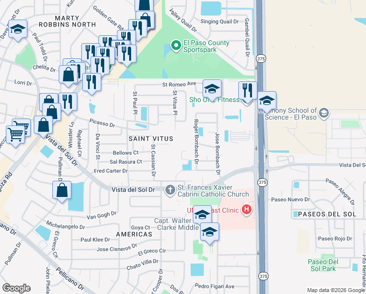 map of restaurants, bars, coffee shops, grocery stores, and more near 12147 Saint Armand Court in El Paso