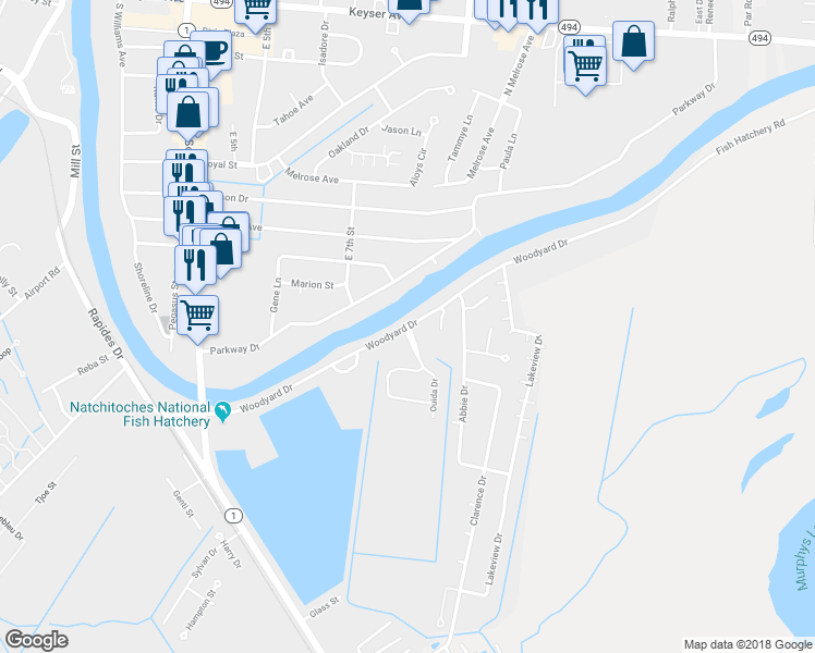 map of restaurants, bars, coffee shops, grocery stores, and more near 763 Woodyard Drive in Natchitoches