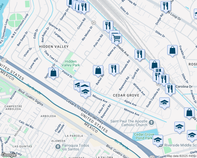map of restaurants, bars, coffee shops, grocery stores, and more near 175 Barker Road in El Paso