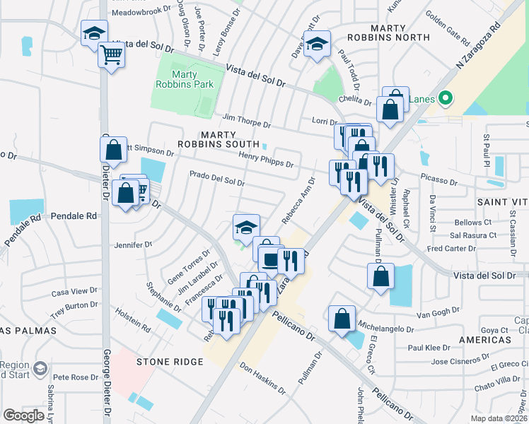 map of restaurants, bars, coffee shops, grocery stores, and more near 11840 Sierra Azul Drive in El Paso