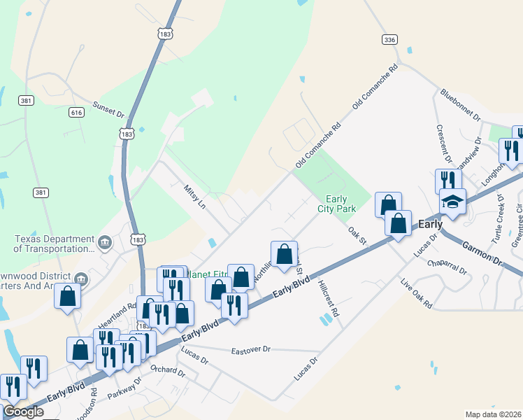 map of restaurants, bars, coffee shops, grocery stores, and more near 615 Old Comanche Road in Early