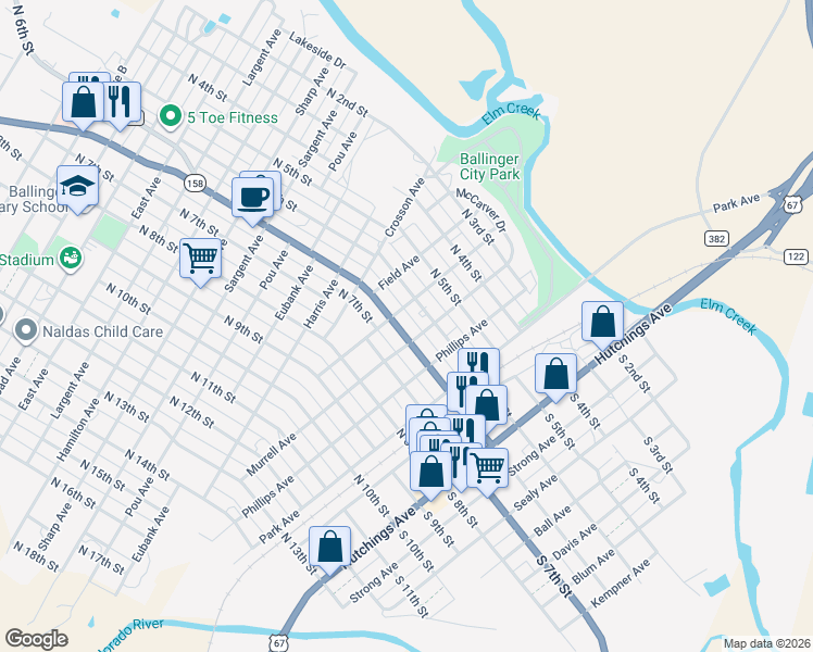 map of restaurants, bars, coffee shops, grocery stores, and more near 404 North Broadway Street in Ballinger