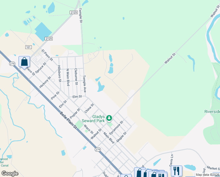 map of restaurants, bars, coffee shops, grocery stores, and more near 2206 Temple Avenue in Brownwood