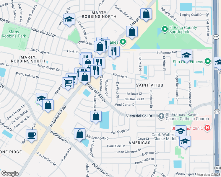 map of restaurants, bars, coffee shops, grocery stores, and more near 1568 Diego Rivera Drive in El Paso