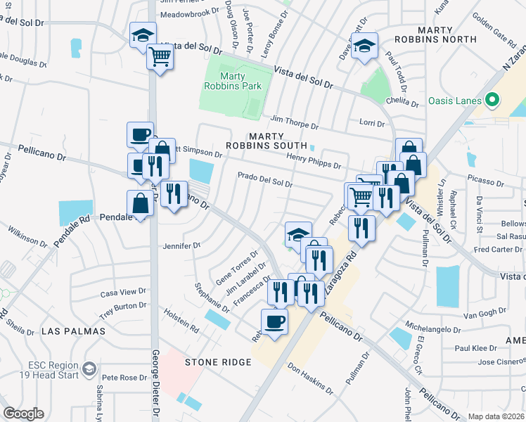 map of restaurants, bars, coffee shops, grocery stores, and more near 11709 Sierra Morena Drive in El Paso