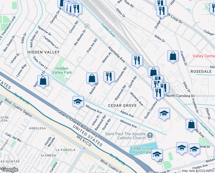 map of restaurants, bars, coffee shops, grocery stores, and more near 173 Coronado Road in El Paso