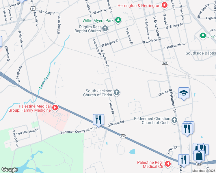 map of restaurants, bars, coffee shops, grocery stores, and more near 1502 South Jackson Street in Palestine