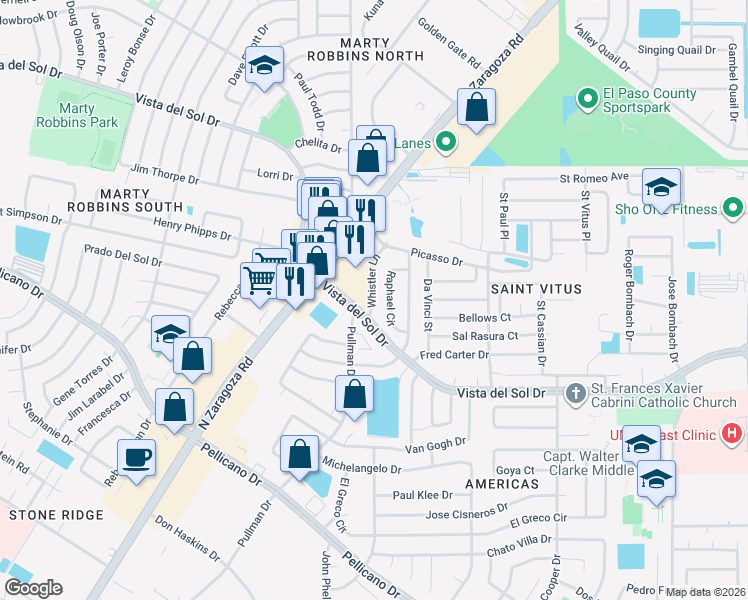 map of restaurants, bars, coffee shops, grocery stores, and more near 1550 Whistler Lane in El Paso