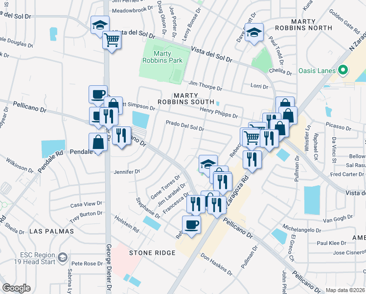 map of restaurants, bars, coffee shops, grocery stores, and more near 11709 Sierra Morena Drive in El Paso