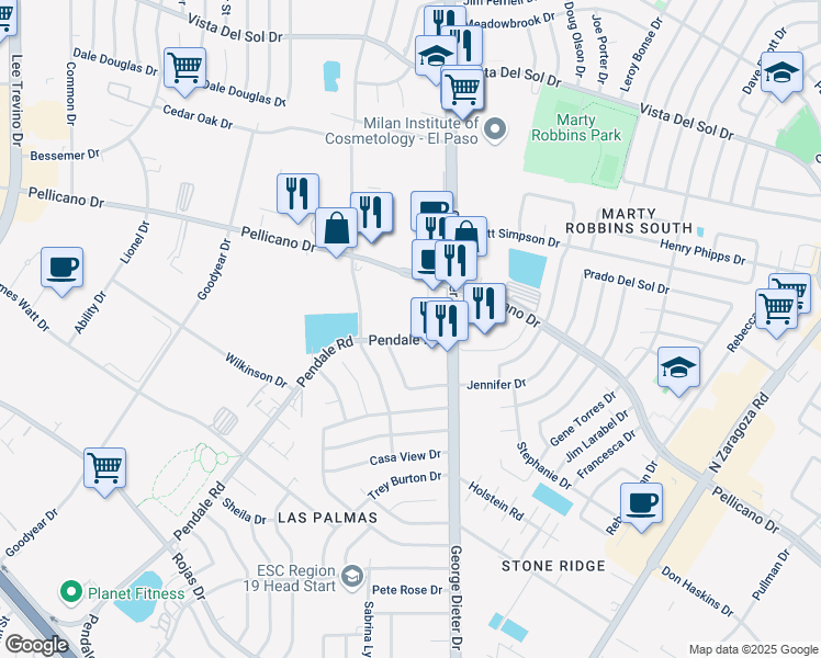 map of restaurants, bars, coffee shops, grocery stores, and more near 464 Pendale Road in El Paso