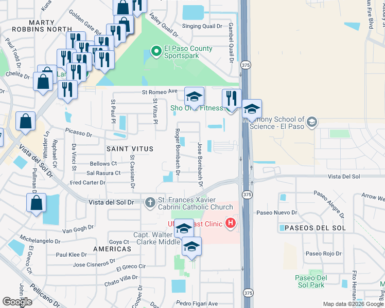 map of restaurants, bars, coffee shops, grocery stores, and more near 12247 Via Granada Dr in El Paso