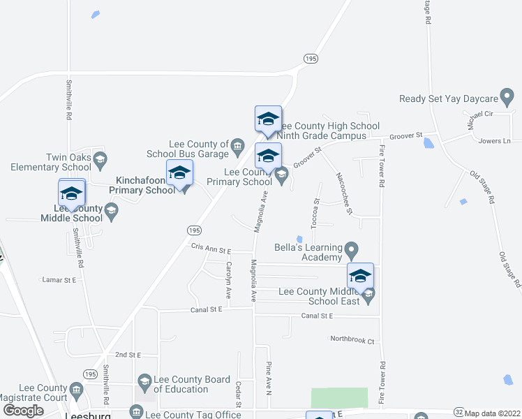 map of restaurants, bars, coffee shops, grocery stores, and more near 258 Magnolia Avenue North in Leesburg