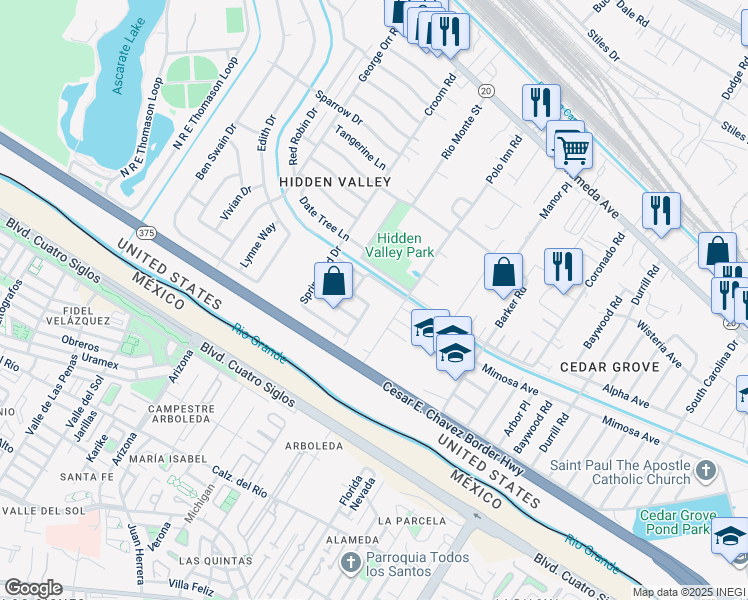 map of restaurants, bars, coffee shops, grocery stores, and more near 7195 Fatima Avenue in El Paso