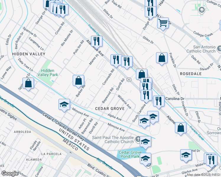 map of restaurants, bars, coffee shops, grocery stores, and more near 135 Baywood Road in El Paso