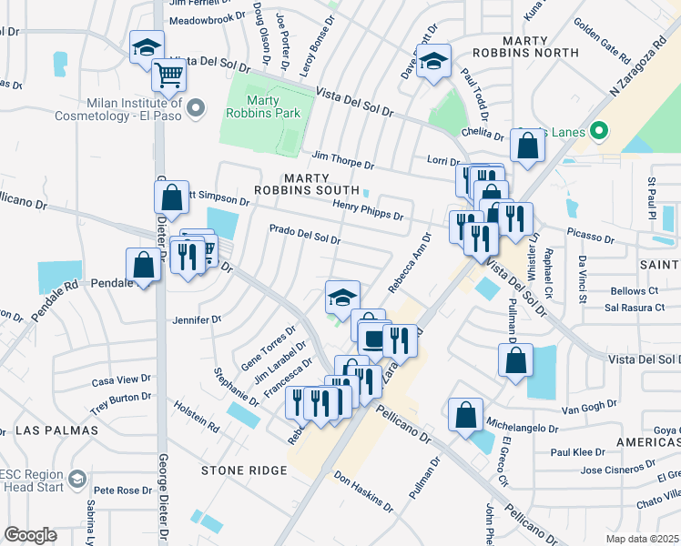 map of restaurants, bars, coffee shops, grocery stores, and more near 11813 Sierra Morena Drive in El Paso