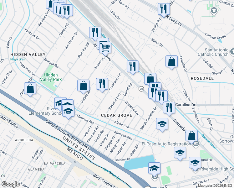 map of restaurants, bars, coffee shops, grocery stores, and more near 135 Baywood Road in El Paso