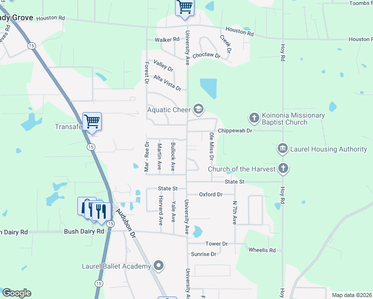 map of restaurants, bars, coffee shops, grocery stores, and more near 4104 University Avenue in Laurel