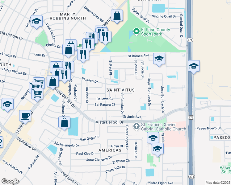 map of restaurants, bars, coffee shops, grocery stores, and more near 1651 Saint Jerome Place in El Paso